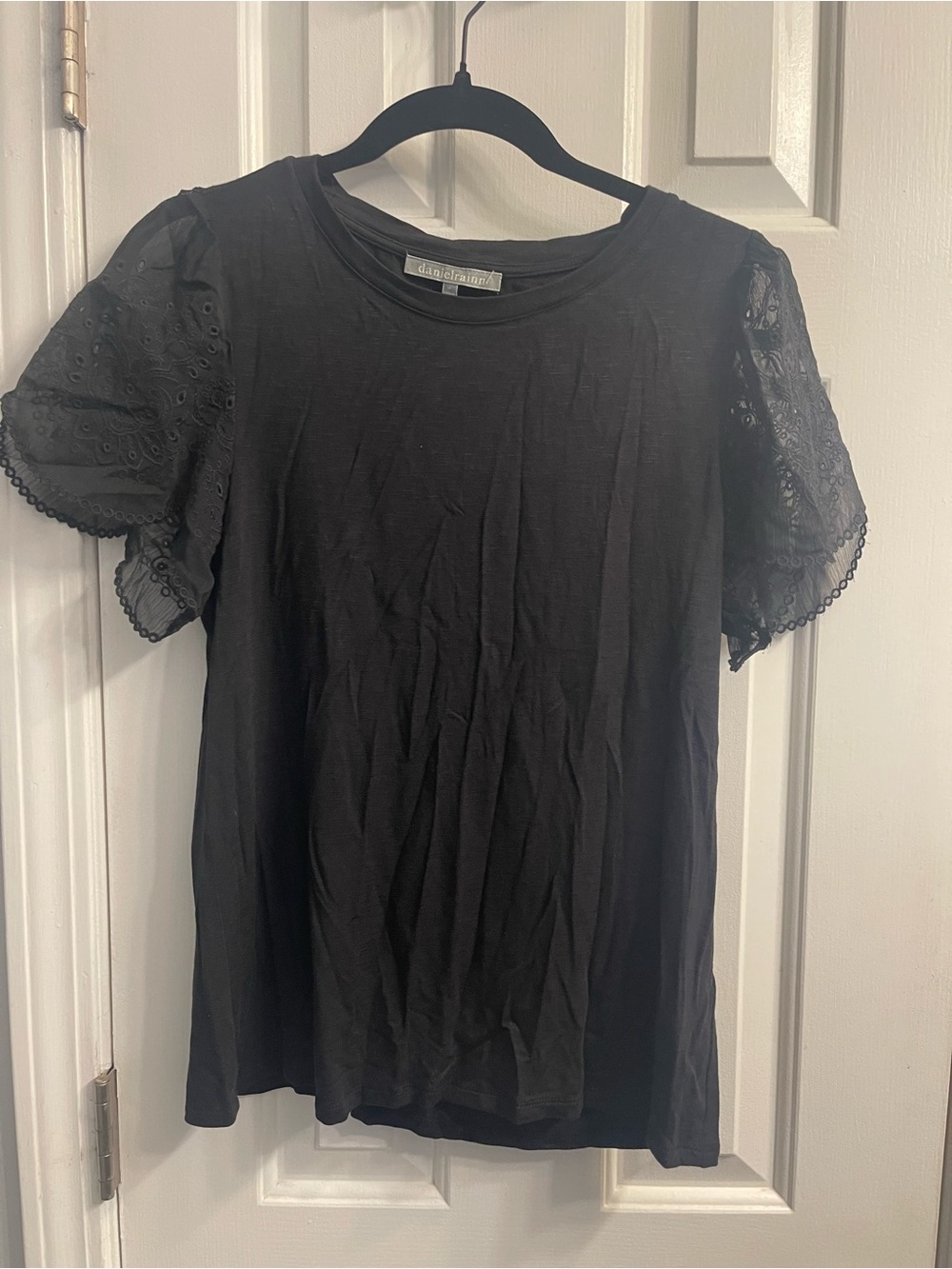 NWT Daniel Rainn Black Mixed Media Short Sleeve Lace Blouse Top